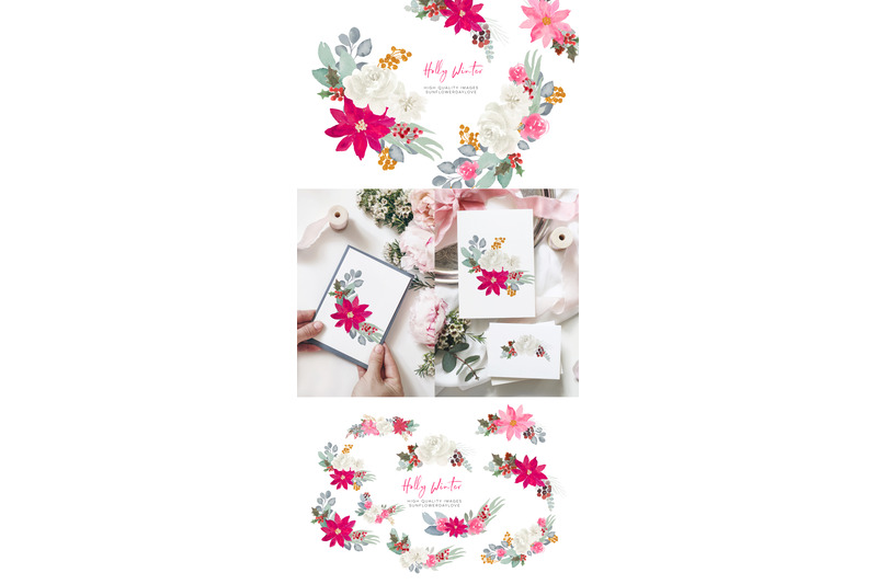 christmas-magenta-flowers-boquet-clipart-winter-watercolor-christmas