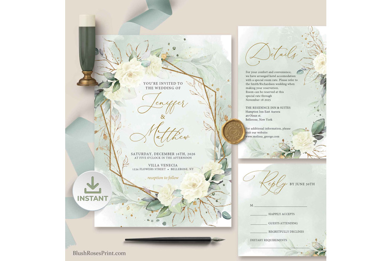 simy-white-roses-eucalyptus-greenery-gold-wedding-invitaitons-suite