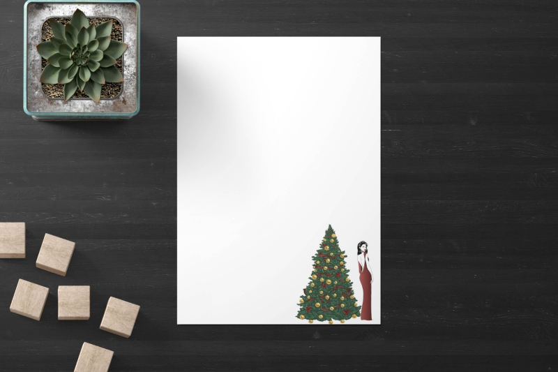 stylish-girl-with-christmas-tree-stationery