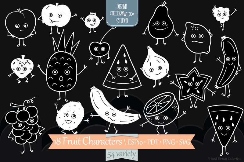 white-fruit-characters-hand-drawn-kawaii-food-cartoon