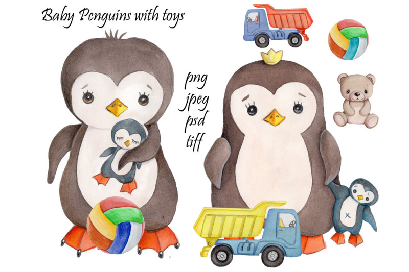 baby-penguins-with-toys-watercolor-illustrations