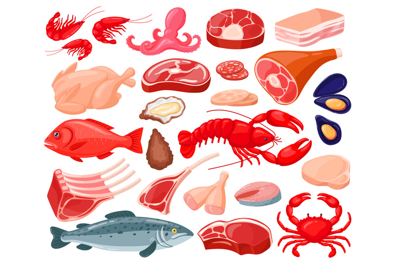 meat-food-cartoon-seafood-and-butcher-shop-food-shrimps-salmon-lob