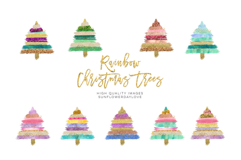 rainbow-christmas-tree-clipart-boho-gold-glitter-christmas-clip-art