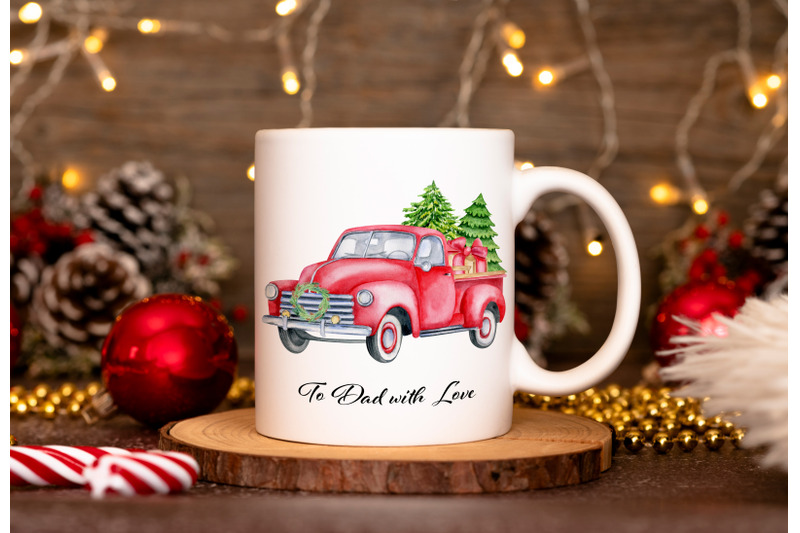 red-christmas-trucks-watercolor-clipart-classic-cars-old-timer-png