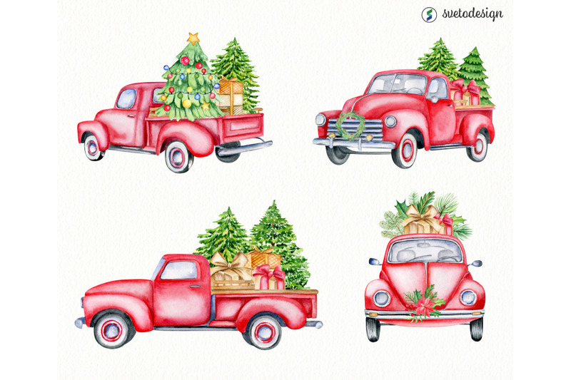 red-christmas-trucks-watercolor-clipart-classic-cars-old-timer-png