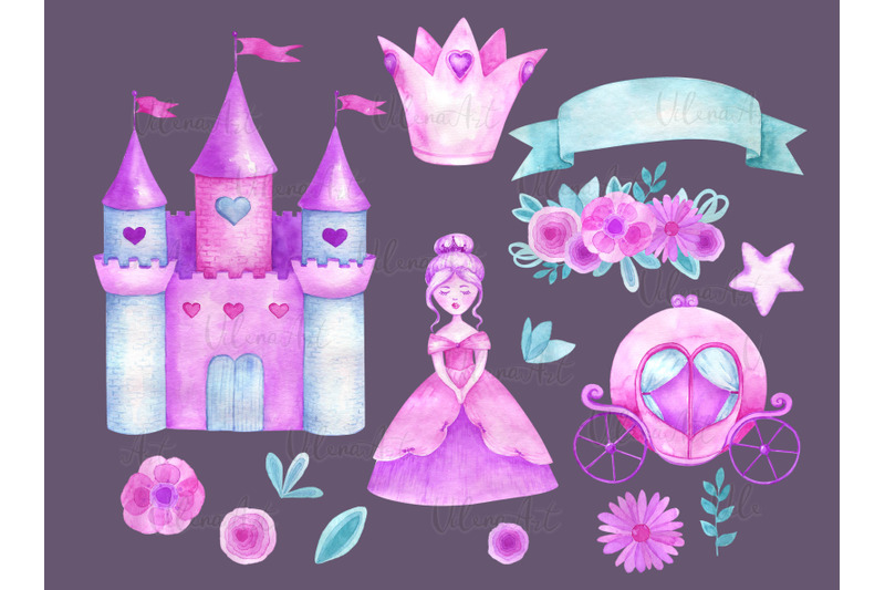 watercolor-princess-clipart-castle-crown-carriage-clip-art-magical