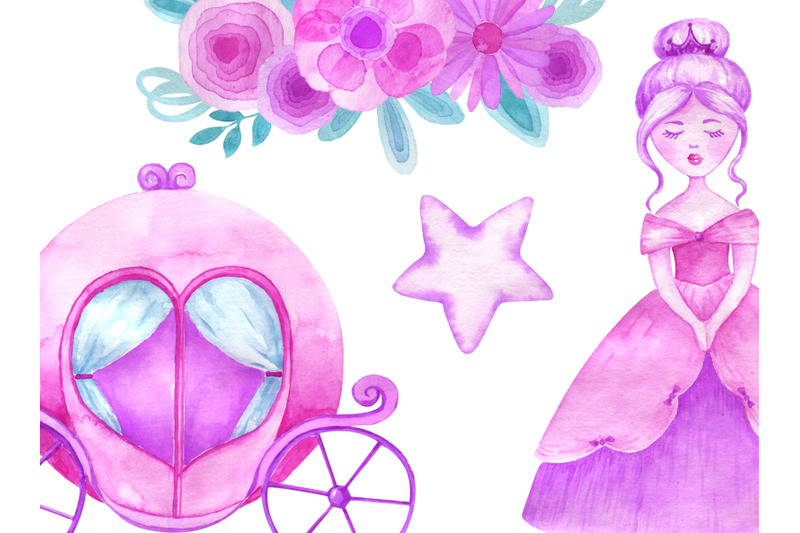 watercolor-princess-clipart-castle-crown-carriage-clip-art-magical
