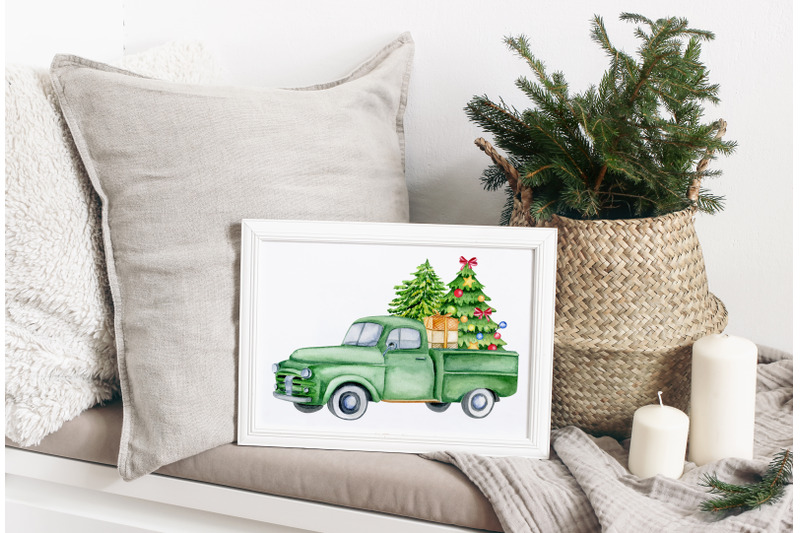 christmas-trucks-watercolor-clipart-classic-cars-old-timer-clip-art