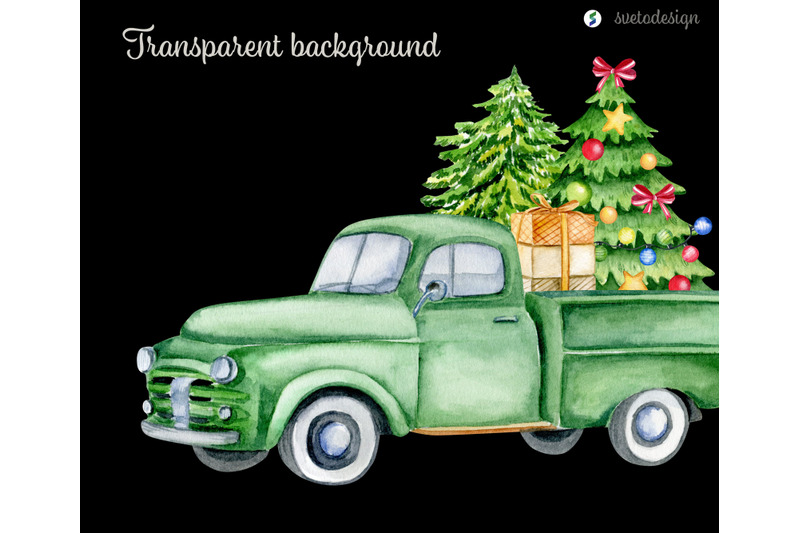 christmas-trucks-watercolor-clipart-classic-cars-old-timer-clip-art