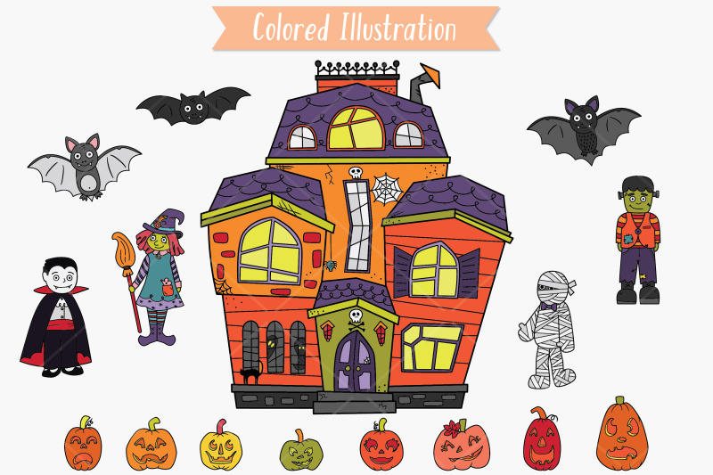 haunted-house-color-monster-character-halloween-pumpkin