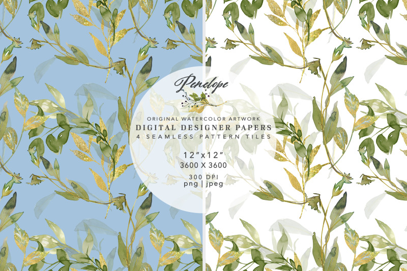watercolor-green-gold-leaves-seamless-pattern-pack