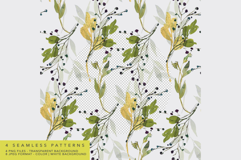 watercolor-green-gold-leaves-seamless-pattern-pack