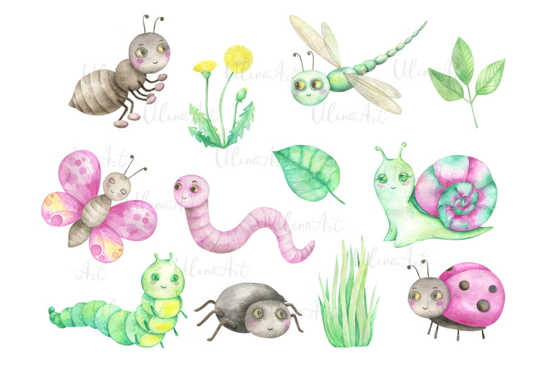 watercolor-insects-clipart-snail-ant-dragonfly-butterfly-caterpillar