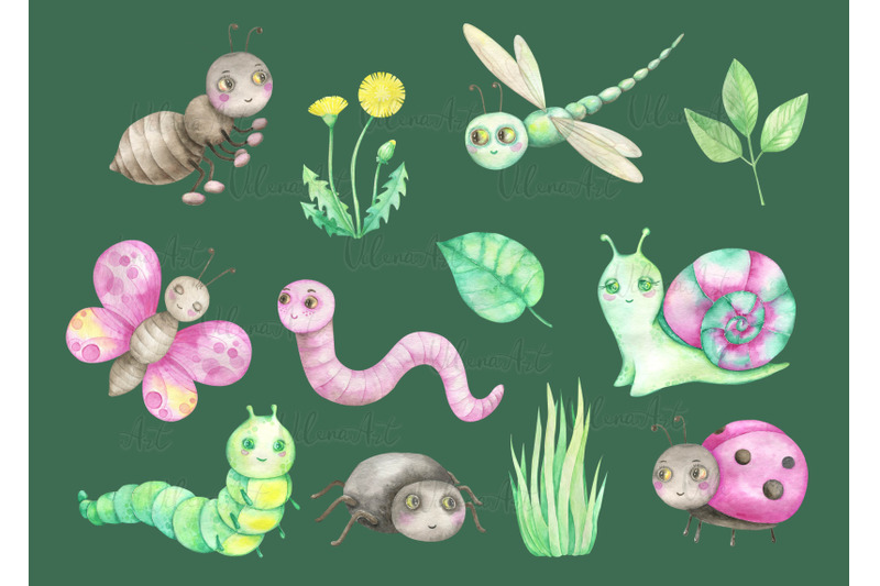watercolor-insects-clipart-snail-ant-dragonfly-butterfly-caterpillar