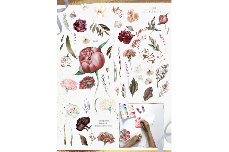 watercolor-boho-floral-clipart-burgundy-floral-borders-modern-flower-clipart-for-wedding-social-media-feminine-logo