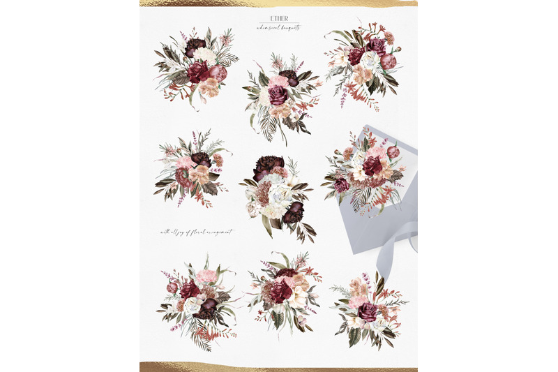 watercolor-boho-floral-clipart-burgundy-floral-borders-modern-flower-clipart-for-wedding-social-media-feminine-logo