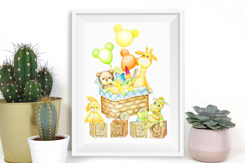 wooden-toys-watercolor-digital-clipart-giraffe-teddy-bear-bunny-b