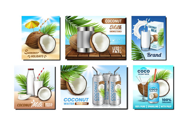 coconut-drink-creative-promo-posters-set-vector