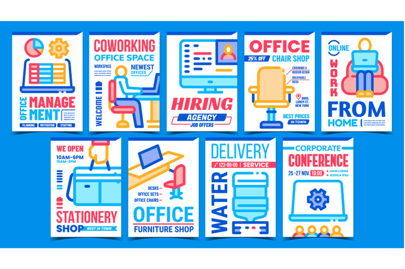 office-working-process-promo-posters-set-vector