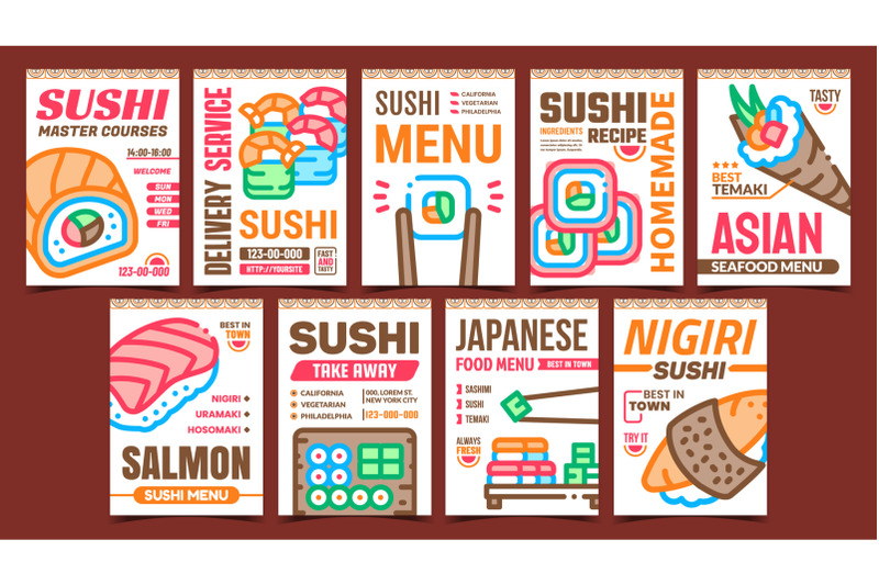 sushi-roll-food-promotional-posters-set-vector