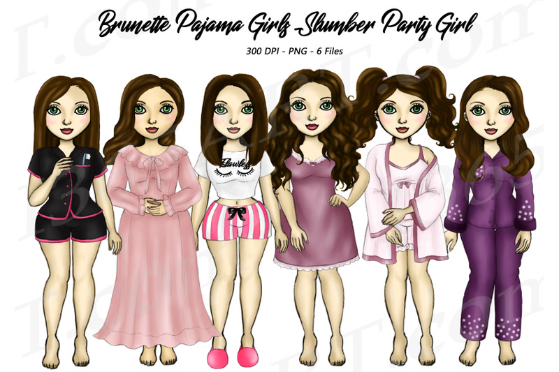 brunette-women-wearing-pajamas-clipart-slumber-party-png