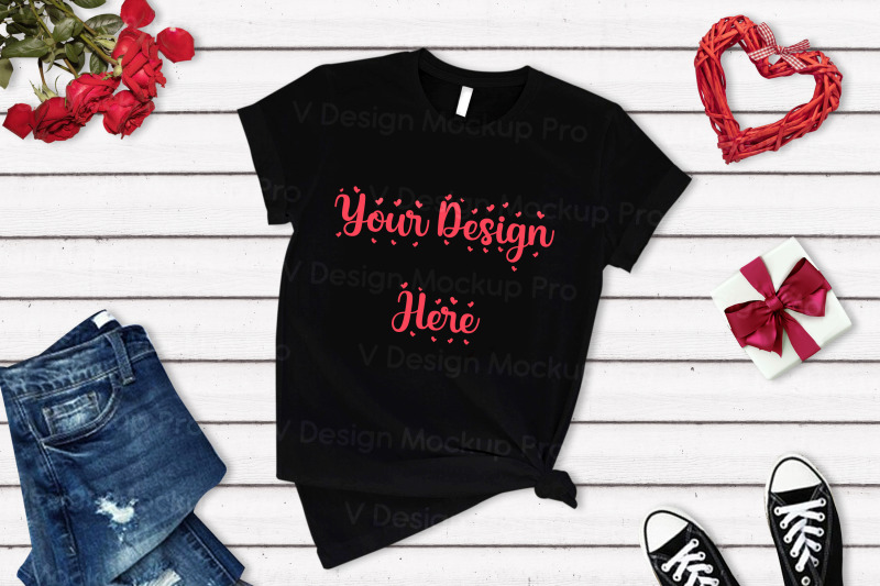 Love Valentines Women Black T-shirt Mock Up White Wood Background
Package Design
