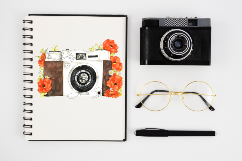 camera-with-watercolor-poppy-flowers-clipart