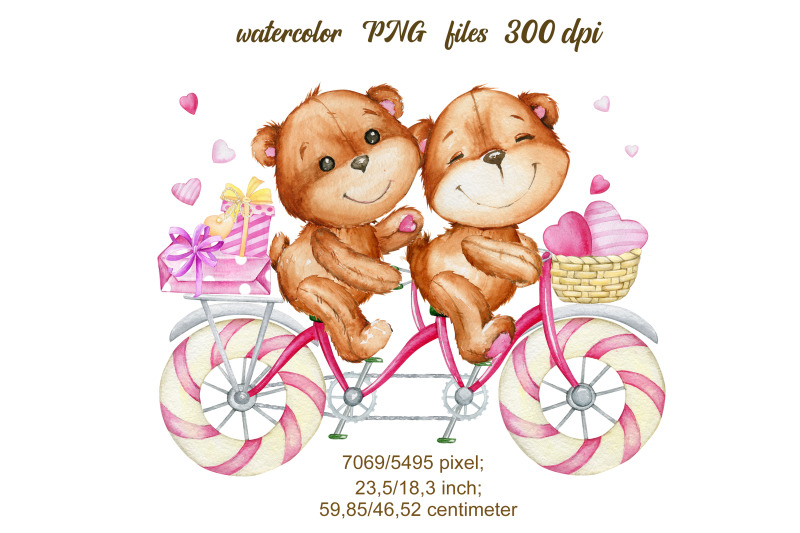 watercolor-clipart-tandem-bike-teddy-bear-couple-heart-love-coup