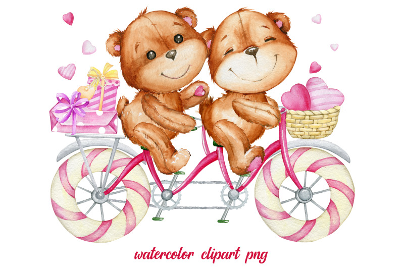 watercolor-clipart-tandem-bike-teddy-bear-couple-heart-love-coup