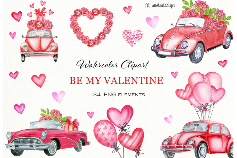 valentine-039-s-day-watercolor-clipart-vintage-cars-hearts-roses-png