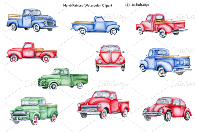 classic-vintage-trucks-watercolor-clipart-retro-oldtimer-cars