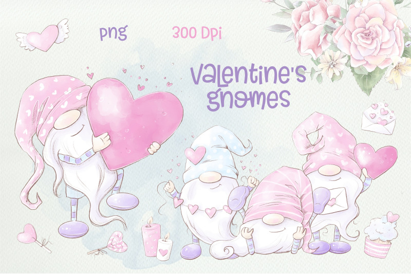 valentine-rsquo-s-gnomes-and-decorative-elements-digital-watercolor-clipart-png