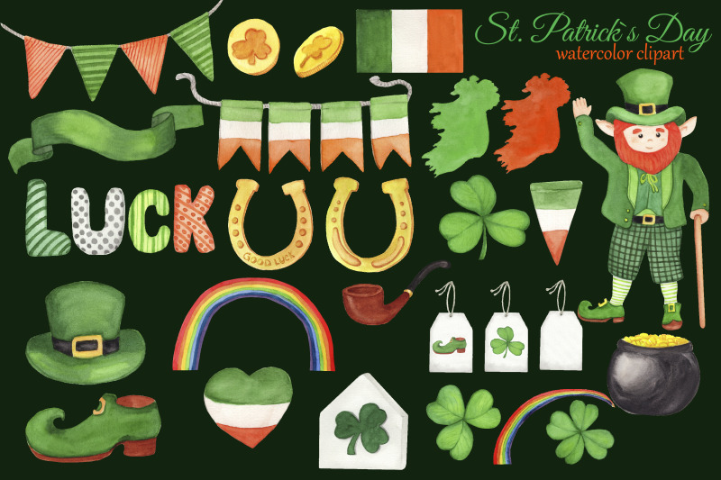 st-patricks-day-watercolor-clipart-irish-clipart-lucky-shamrock-four-leaf-clipart