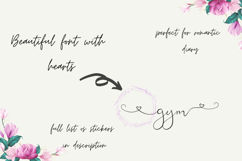 romantic-script-stickers-font-with-hearts-black-elegant-font
