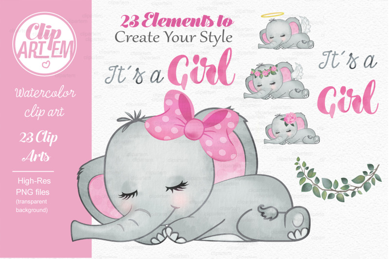 elephant-girl-pink-gray-watercolor-23-png-baby-shower-decoration