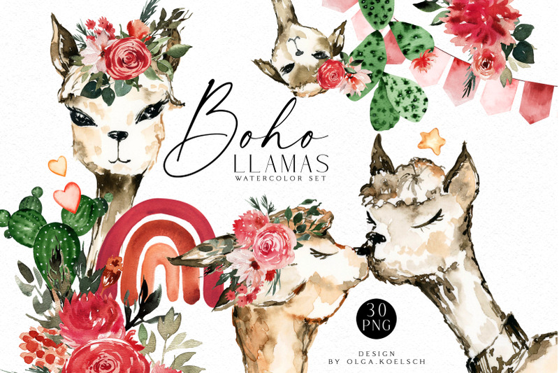 boho-llamas-clipart-watercolor-llama-birthday-love-llamas-rainbow