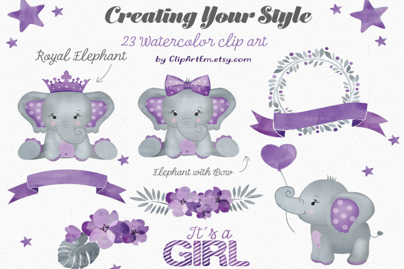 cute-purple-girl-elephant-watercolor-clip-art-bundle-png-floral-crown