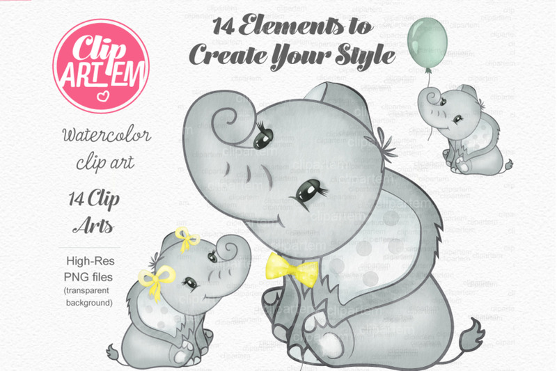 gender-neutral-elephant-watercolor-clip-art-bundle-unisex-png-file