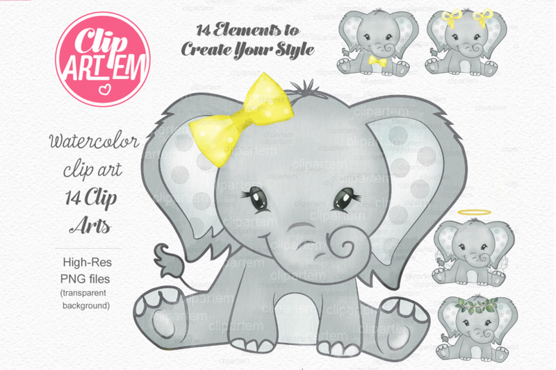 gender-neutral-elephant-watercolor-clip-art-bundle-unisex-png-file