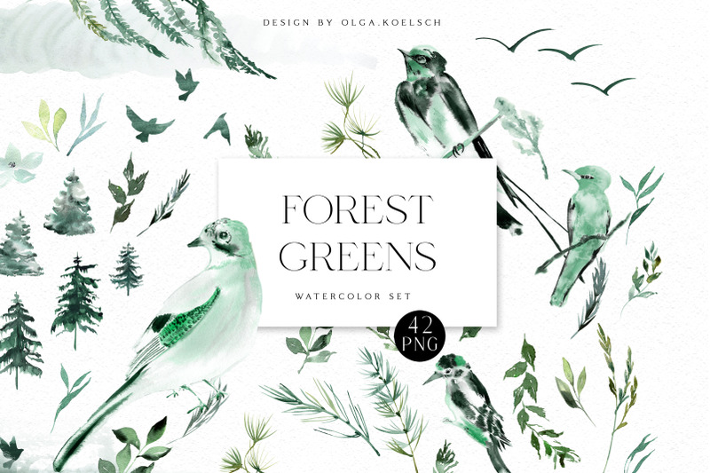 boho-greenery-clipart-woodland-watercolor-floral-forest-birds-png