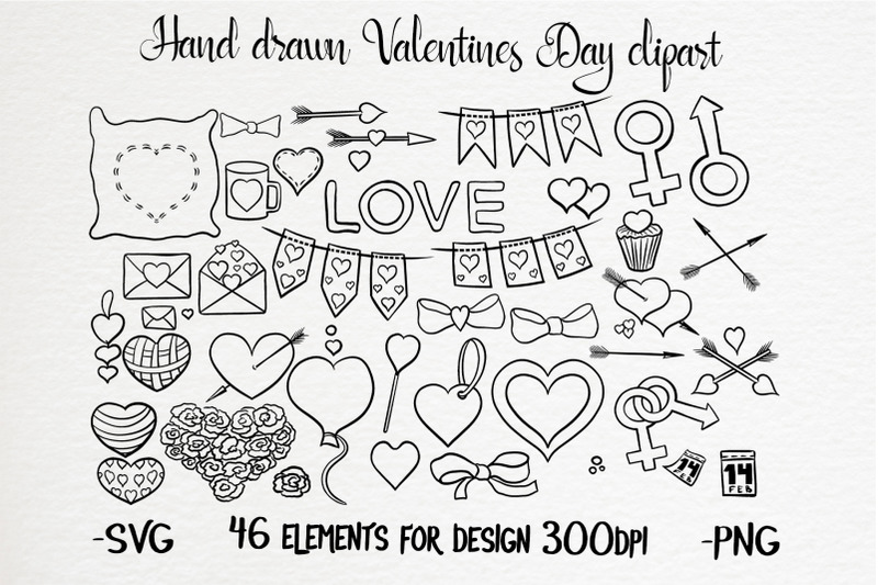 hand-drawn-valentines-black-and-white-clipart-set