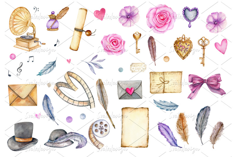 watercolor-valentine-039-s-day-clipart-hand-drawn-vintage-elements-png