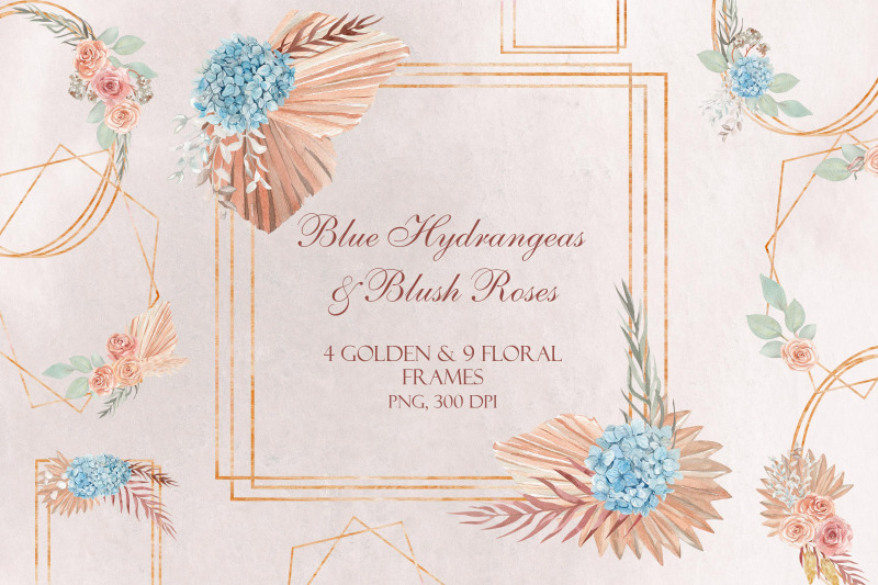 blue-hydrangeas-amp-blush-roses-golden-frames