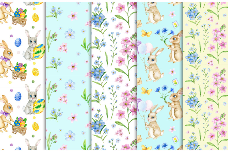 watercolor-easter-bunny-seamless-pattern-watercolor-spring-flowers
