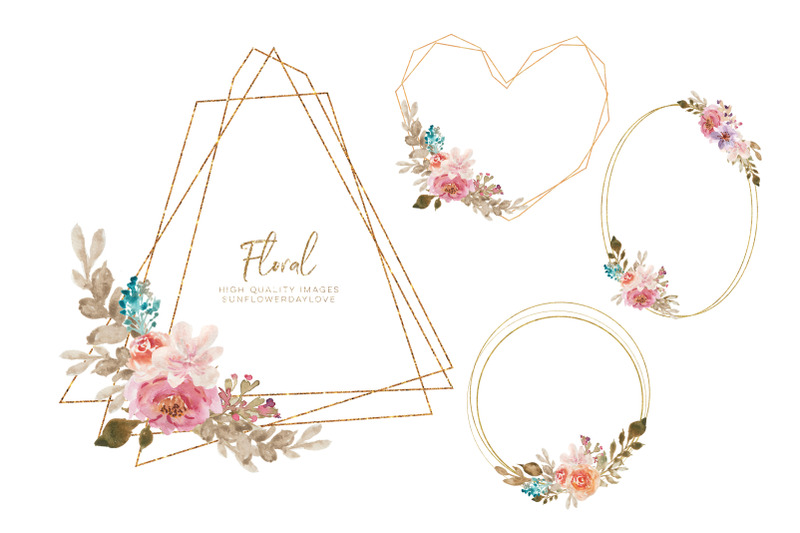 watercolor-floral-gold-frame-clipart-geometric-flower-borders-frames