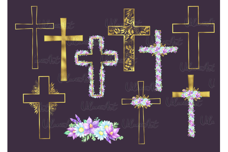 watercolor-easter-gold-cross-clipart-floral-crosses-digital-card