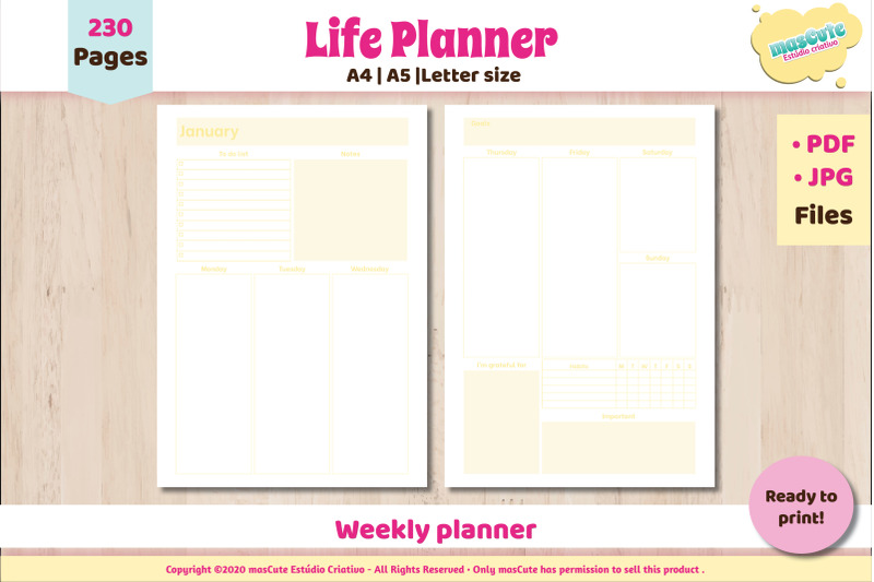 Planner Monthly weekly Printable Pages letter A5 A4 DXF File Include