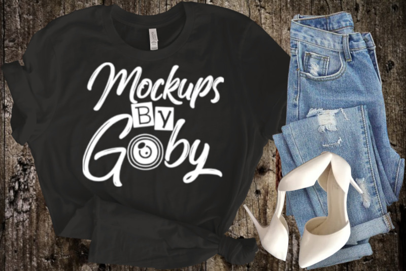 mockup-black-t-shirt-old-wood-background-hight-heels-styled-mockups