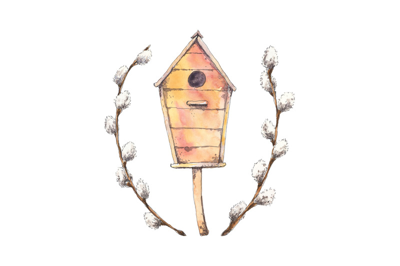 birdhouse-with-willow-branches-spring-watercolor-illustration