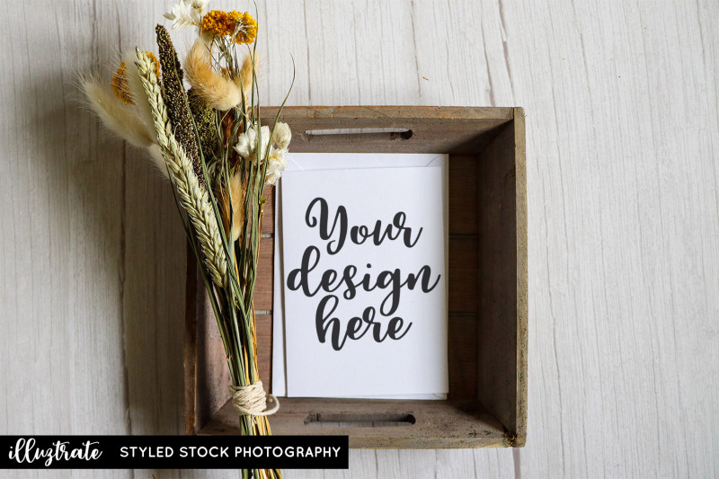 white-greeting-card-mockup-dried-flowers-mockup-styled-stock-photo